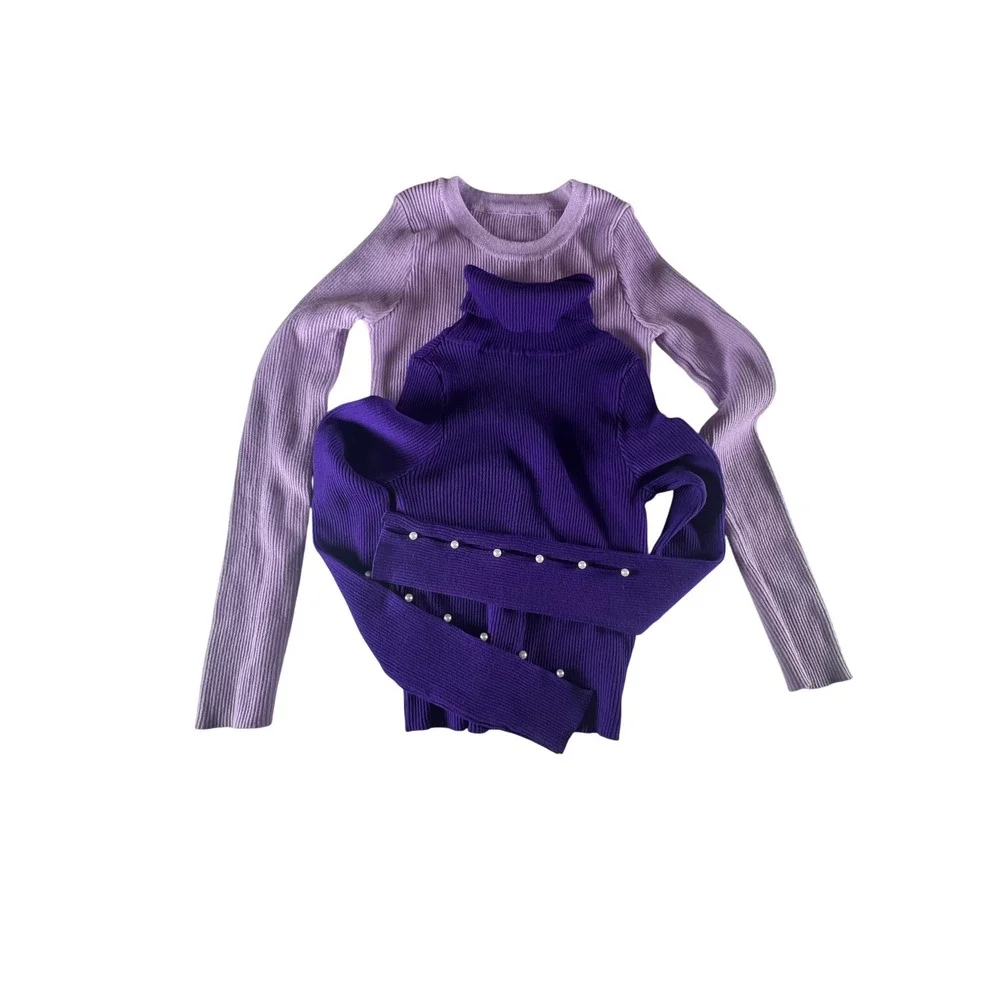 SHEIN Purple & Lilac Ribbed Turtleneck Sweater Set Pearl Button Detail Size XS/S